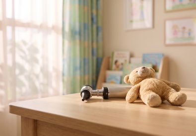 Otoscope and teddy bear on a paediatric clinic table