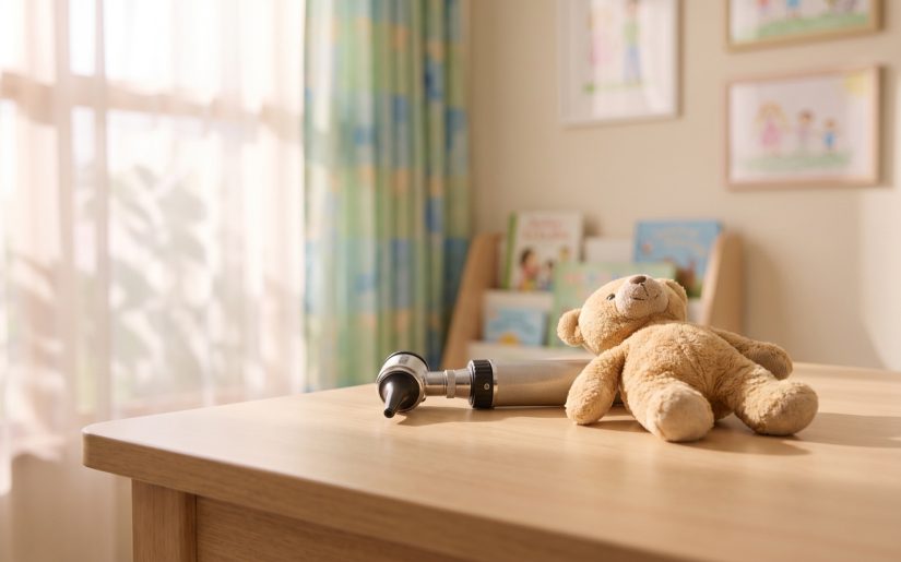 Otoscope and teddy bear on a paediatric clinic table