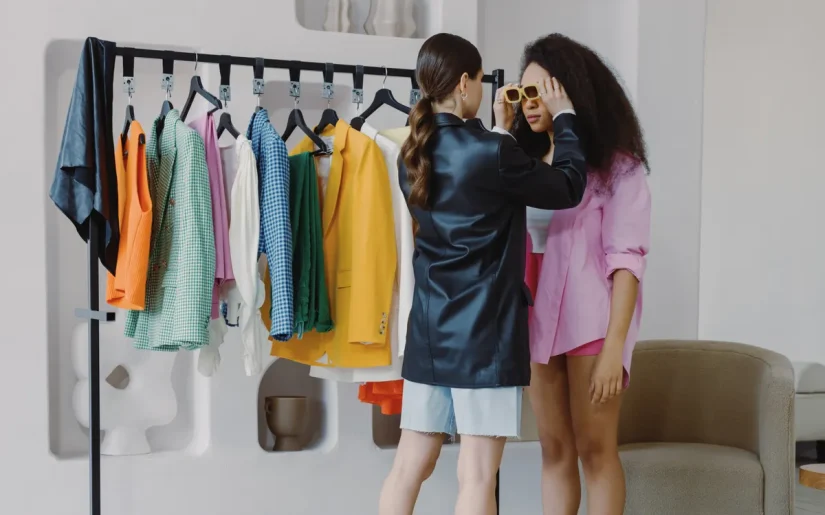 Fashion stylist assists client in a vibrant wardrobe fitting, ensuring perfect accessory choices