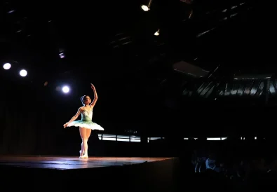 A graceful ballerina performing under spotlight in a theatre setting