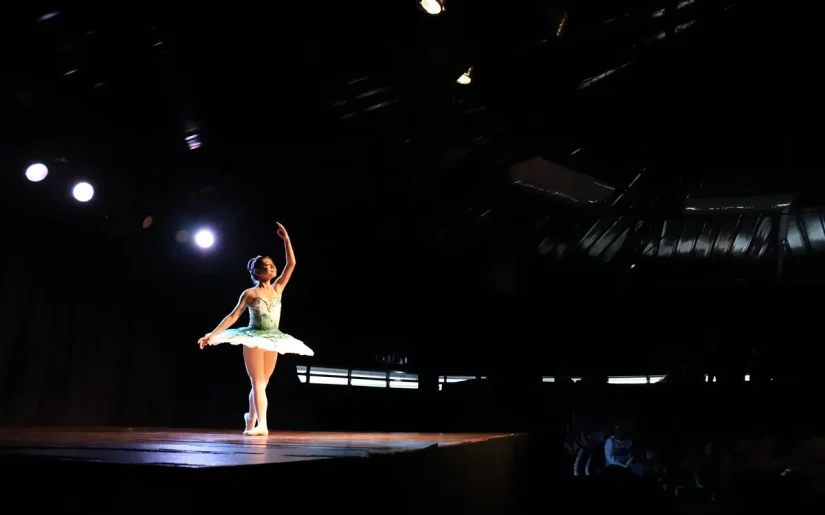 A graceful ballerina performing under spotlight in a theatre setting