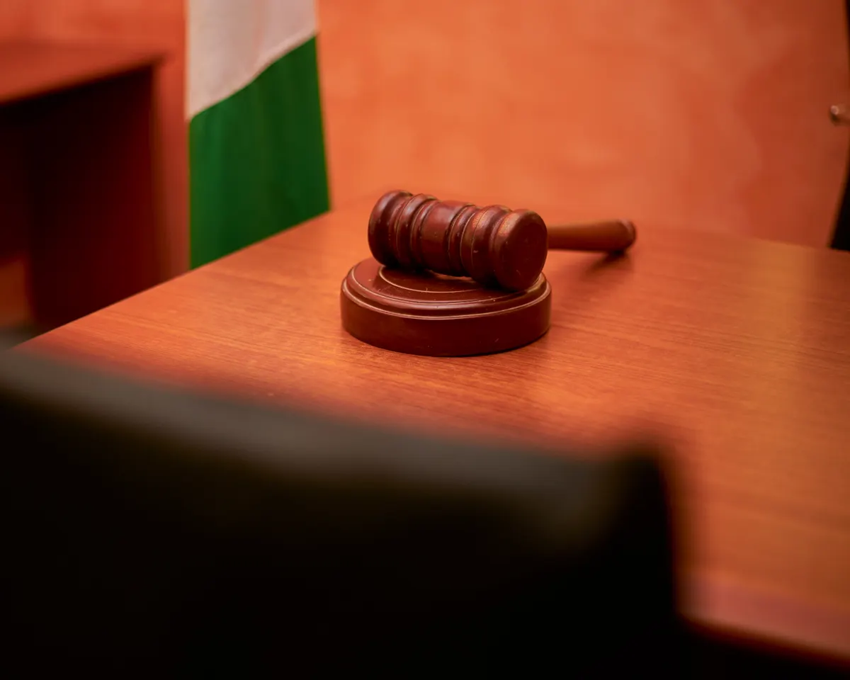 A close-up of a gavel on a courtroom desk representing law and justice