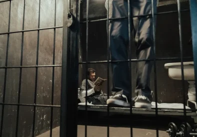Inmate reading a book inside a prison cell while another stands nearby