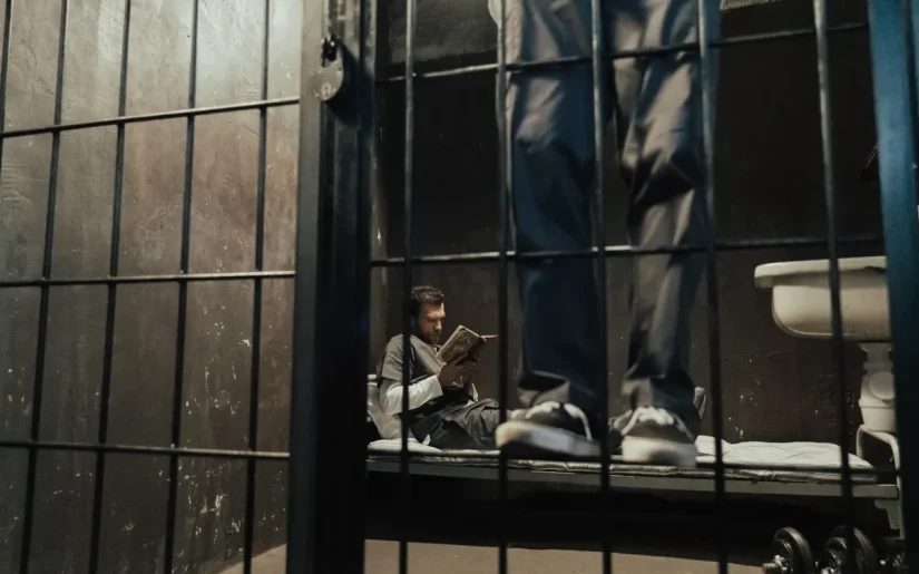 Inmate reading a book inside a prison cell while another stands nearby